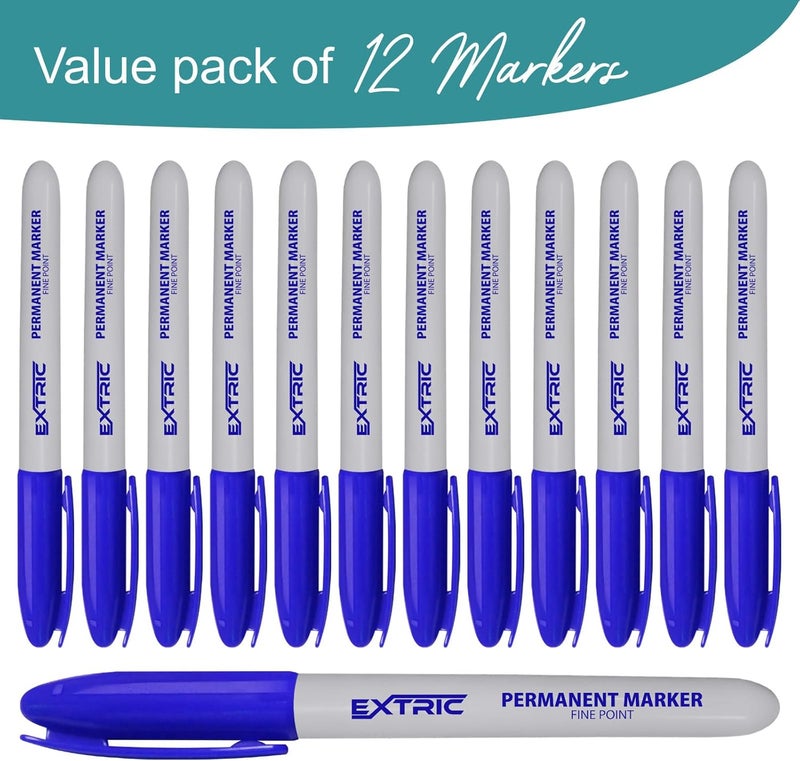 EXTRIC Permanent Markers Blue, 12 Count Fine Point Markers, Quick Drying, Works on wood, Paper, Plastic, Metal and Glass, for Home, Office and School - Image 2